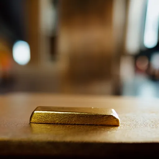 Image similar to a solid gold bar on a cafe table on a sunny day, f / 1. 9 6. 8 1 mm iso 4 0