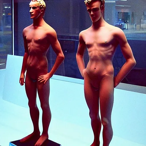 Prompt: “a realistic detailed photo of a guy who is an attractive humanoid who is half robot and half humanoid, who is a male android, British diver Jack Laugher & Chris Mears, shiny skin, posing like a statue, blank stare, at the museum, on display”