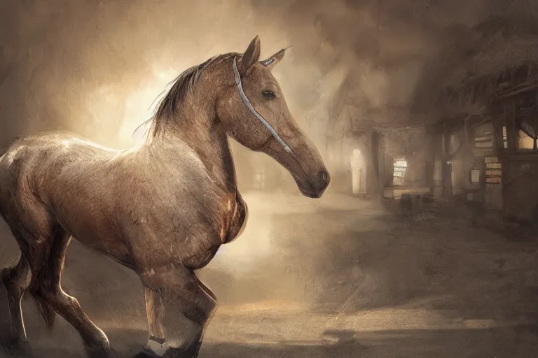 Image similar to A horse attempting to solve a jigsaw puzzle, looking confused, cinematic lighting, evening light, stables, digital painting, volumetric light, concept art, trending on artstation