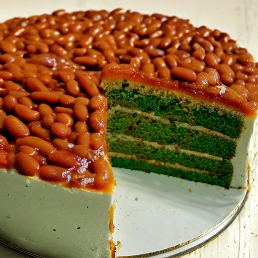 Image similar to a cake covered in baked beans and parsley, photo