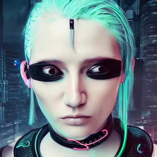 Image similar to detailed realistic cyberpunk female character cyberpunk wearing large steel collar around neck, realistic, art, beautiful, 4K, collar, choker, collar around neck, punk, artstation, detailed, female, woman, choker, cyberpunk, neon, punk, collar, choker, collar around neck, thick collar, choker around neck, wearing choker, wearing collar, bright neon punk hair, collar, choker,