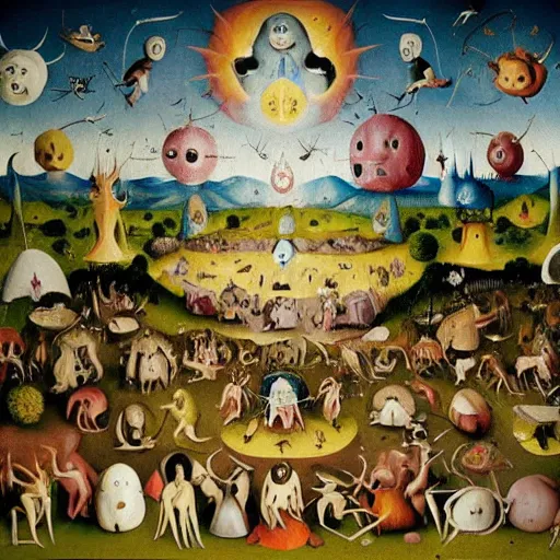 Prompt: garden of earthly delights by hieronymus bosch, animated in the style of pendleton ward, adventure time, bright and colorful