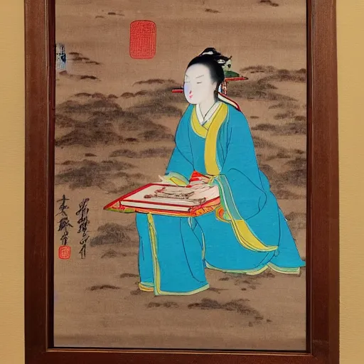 Prompt: oriental water painting of a lady using an iphone during the song dynasty