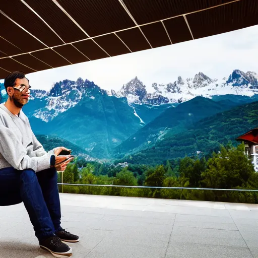 Prompt: digital painting of a software developer sitting outside in front of a modern campus building with beautiful mountains in the background, summer, alps, 4k, unreal, digital health