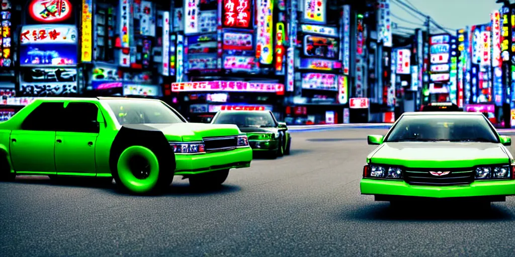 Prompt: anthropomorphic JZX100 twin turbo drift jet engine monster truck drag racer cowboy Cadillac hover-car UFO with cowboy snake facial features speeding in the road, Tokyo prefecture, Japanese architecture, city sunset mist lights, cinematic lighting, photorealistic, detailed alloy wheels, highly detailed purple green snake oil wacky races power ranger bat-mobile transformer car