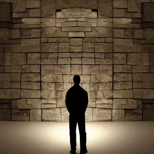 Image similar to man standing in a completely dark room in front of huge stone door slightly open and light is shining through, digital art