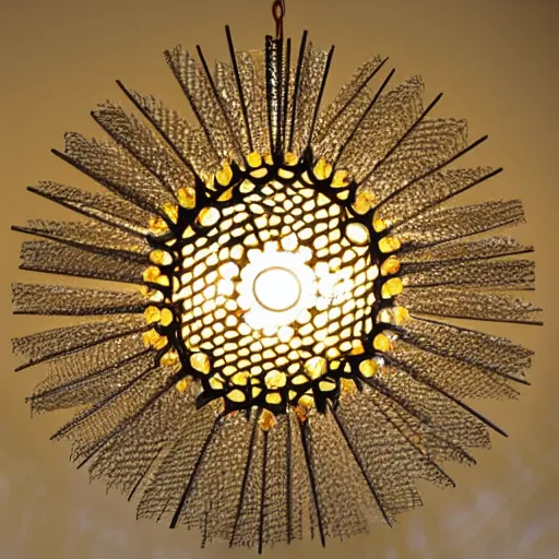 Prompt: chandelier in the shape of a sun with yellow accents designed by tiffany