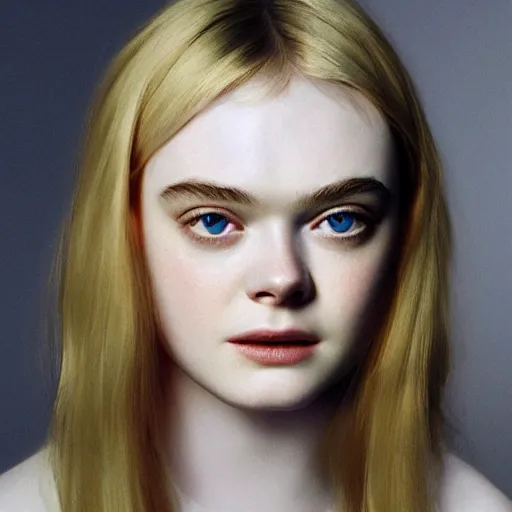 Prompt: A masterpiece head and shoulders portrait of Elle Fanning by James Hoff