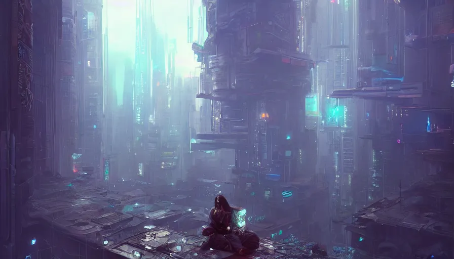 Image similar to cyberpunk urban environment druid meditating - conjuction, by renato muccillo and andreas rocha and eddie mendoza, trending on artstation hq, deviantart, unreal engine 5, 4 k uhd image