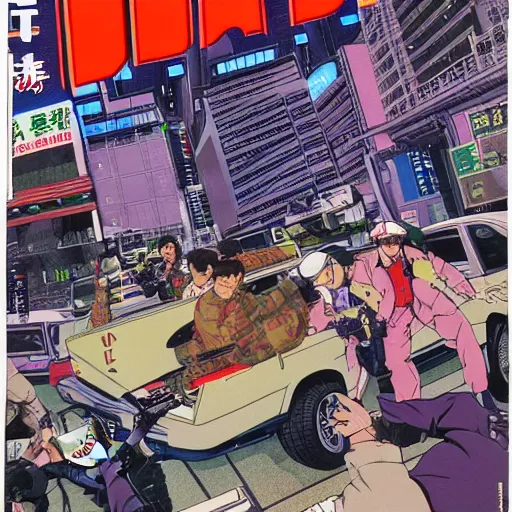 Image similar to 1993 Magazine Cover, Anime Neo-tokyo 4 bank robbers fleeing the scene with bags of money, Police Shootout, MP5S, Highly Detailed, 8k :4 by Katsuhiro Otomo : 8