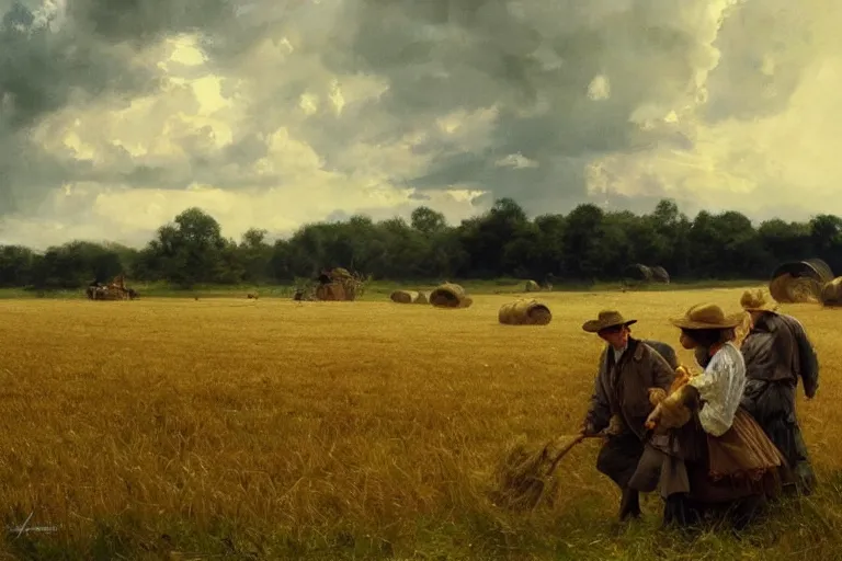 Image similar to simple amish farmers shocking hay in open fields, art by anders zorn, wonderful masterpiece by greg rutkowski, beautiful cinematic light, american romanticism thomas lawrence, greg rutkowski