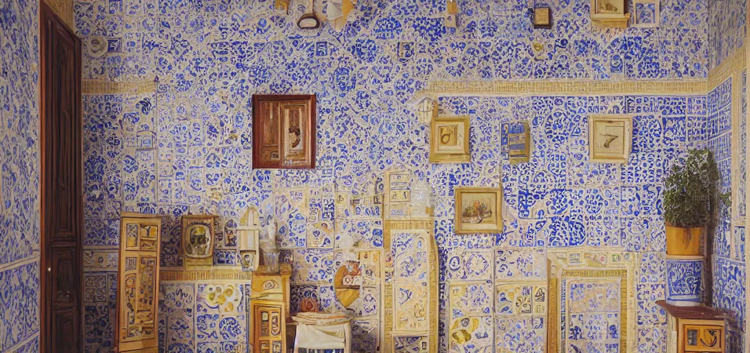 Image similar to ! dream house in porto with portuguese tiles. photographed by wes anderson on fujinon premista 1 9 - 4 5 mm t 2. 9. portra 8 0 0.