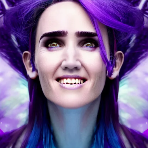 Prompt: beautiful witch female, Jennifer Connelly, blue and purple glowing hair, smiling, clear clean face, two perfect eyes, perfect eyes perfect symmetrical eyes, symmetrical face, blurry background, pose, Alexandra Fomina, face by Ilya Kushinov style, painterly style, high contrast