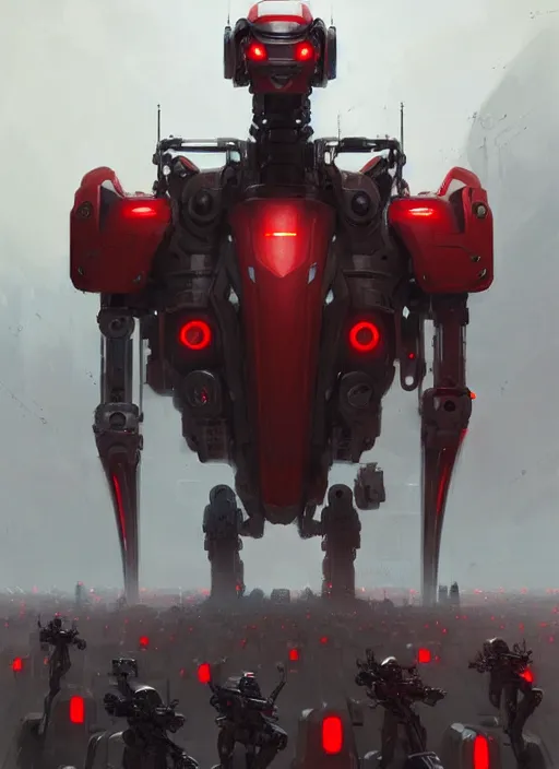 Prompt: a portrait of epic mechanical futuristic war army and robots with red and white accent highly detailed, digital painting, concept art, smooth, sharp focus, illustration, art by greg rutkowski