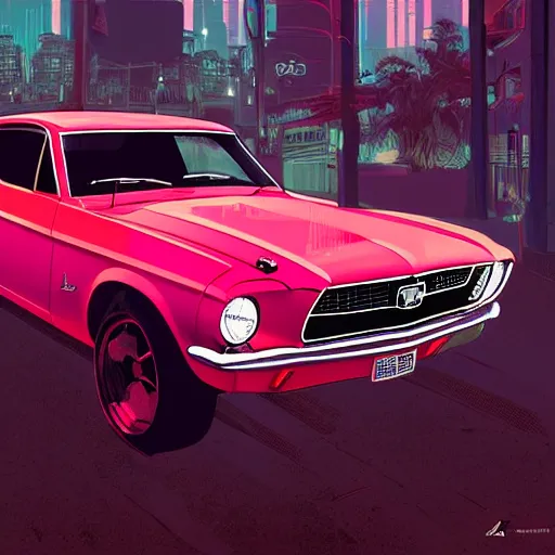 Prompt: a detailed render of a neon colored batmobile in a 1 9 6 7 ford mustang fastback, vector art, art by artgerm and greg rutkowski and alphonse mucha, cyberpunk city, rainy city streets, god rays, intricate detail, cinematic, 8 k, cel shaded, unreal engine, featured on artstation, pixiv
