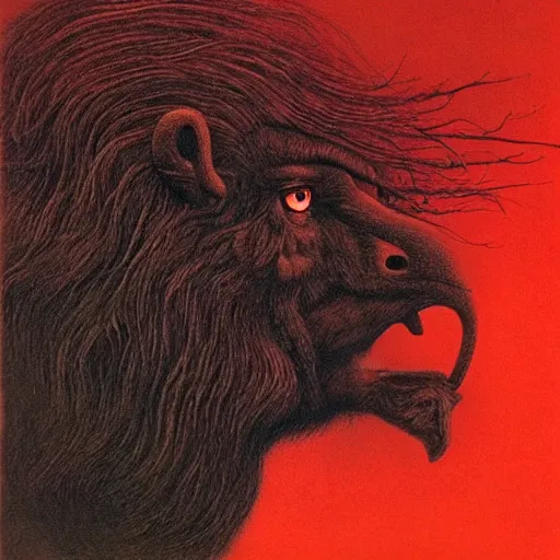 Image similar to the man with the beak of an eagle, the mane of a lion, the horns of a bull. drawn by zdzislaw beksinski