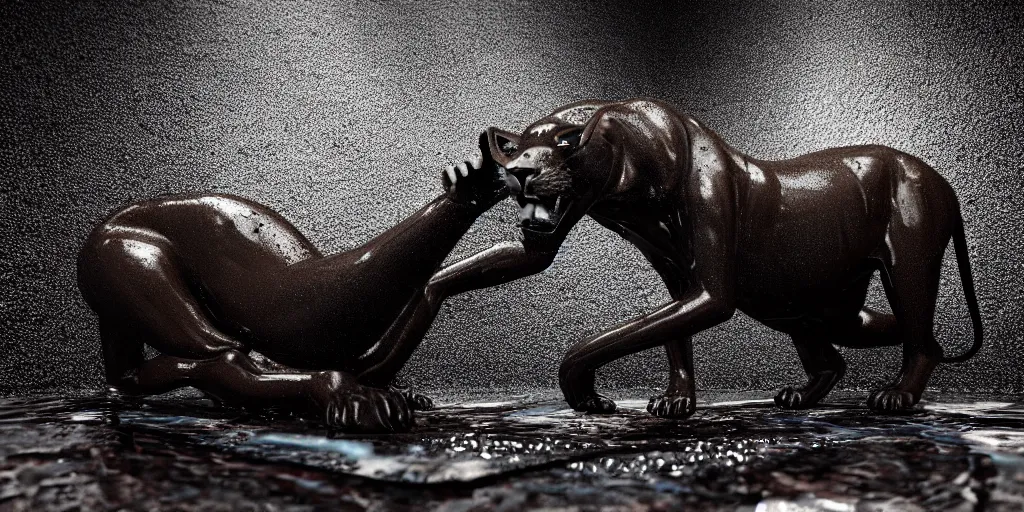 Prompt: a black lioness made of ferrofluid bathing inside the bathtub full of tar, covered with black goo, covered with slime, drooling ferrofluid. dslr, photography, realism, animal photography, color, modern bathroom, hyper realistic, 8 k resolution, v - ray, 3 d render