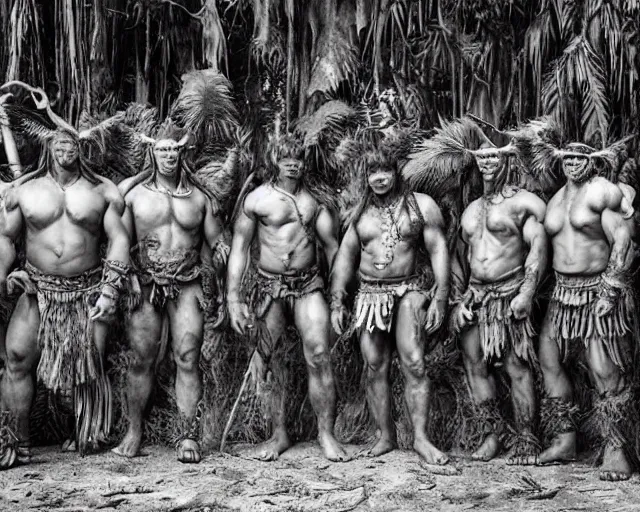 Image similar to hyper realistic group vintage photograph of a live action warcraft orc warrior tribe in the jungle, tall, hulk like physique, detailed faces, tribal paint, tribal armor, grain, old, monochrome, sepia toned, realistic lighting, wide angle