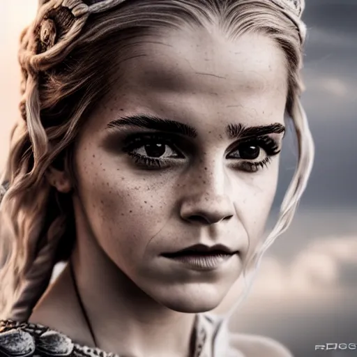 Image similar to Emma Watson full shot modeling as Daenerys Targaryen From Game of Thrones, (EOS 5DS R, ISO100, f/8, 1/125, 84mm, postprocessed, crisp face, facial features)