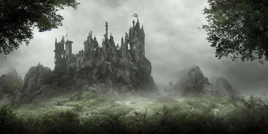 Prompt: matte painting, castle, dramatic landscape, overgrown, cinematic, overcast, interior light, rain, slight fog, mystical