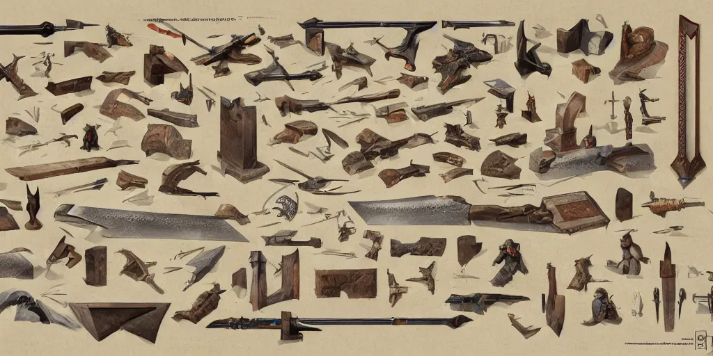 Image similar to schematic diagram of axes, dwarven, weapons, built, book, page, detailed, cross section, trending on artstation, cgsociety, Ralph McQuarrie and Greg Rutkowski