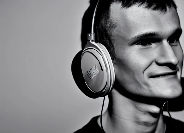 Image similar to headshot of vitalik buterin in headphones. perfect symmetric face, coherent eyes, happy beautiful face fine details., 4 k, ron cobb