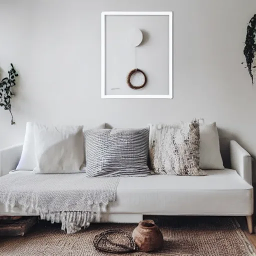 Prompt: centered minimalist clean spacious empty bright mockup photo of a large blank frame on floor with thin light wooden frame moulding, white background wall, light boho carpet, white furniture, white minimalist lamps, white pillows, trending on etsy