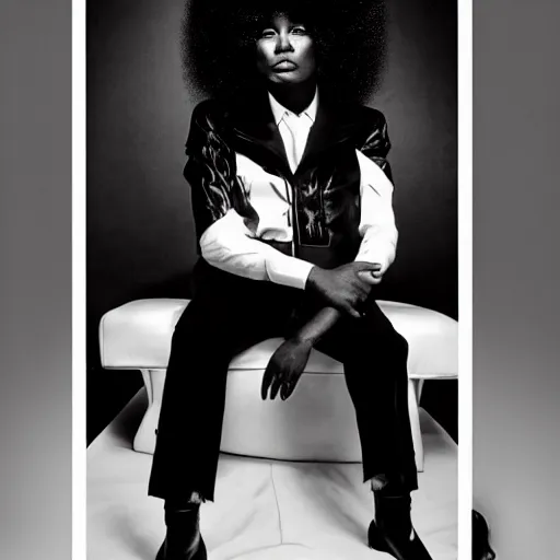 Prompt: donald trump with afro wearing 1 9 7 0 s bellbottoms clothing, black and white, full body profile, sitting on vintage leather sofa, vogue cover, dramatic lighting