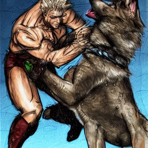 Image similar to a humanoid german shepherd beast - man wrestling with another german shepherd in the middle of an arena, pencil art, added detail, high definiton, colored, aerial viewyoji shinkawa