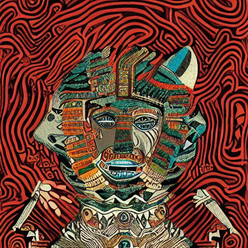 Prompt: illustration of mayan jaguar warrior, resolved, showing conviction or humor by a gloomy silence or reserve, by studio multi and victo ngai, malika favre, william s burroughs, cut up film