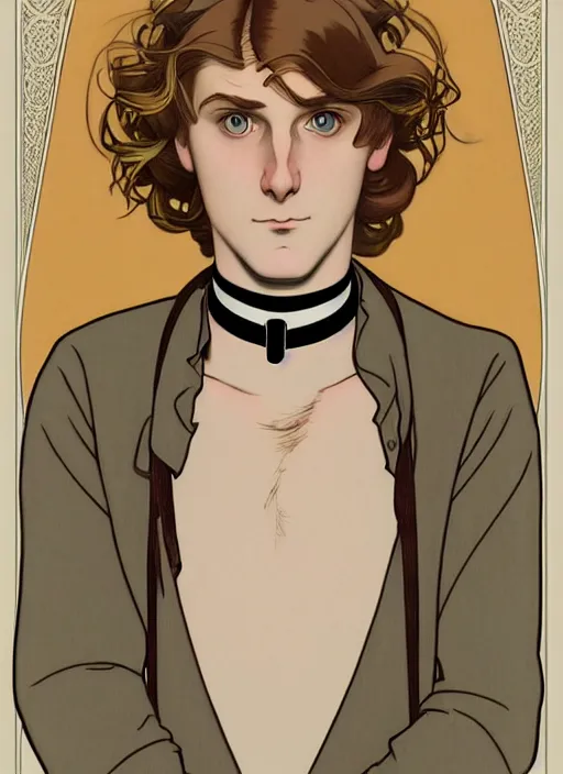 Image similar to art nouveau portrait of a pretty young man with short light brown straw blond hair, light blue eyes, sad expression, scared, head down, shy and demure, wearing a choker collar, natural lighting, path traced, highly detailed, high quality, cartoon, digital painting, by don bluth and ross tran and studio ghibli and alphonse mucha