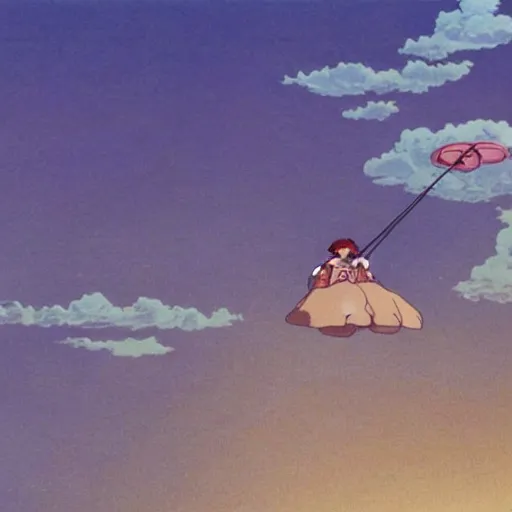 Prompt: A girl ride a glider over the clowds in Nausicaa of the Valley of the Wind, Miyazaki Hayao, ghibli style