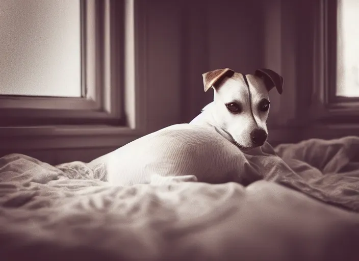 Image similar to photography of a Jack Russel . watching outside the window. on a bed. in a vintage room.,volumetric light, photorealistic,, award winning photo, 100mm, sharp, high res