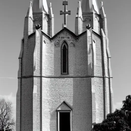 Image similar to a photograph of a church which has two spires sticking out of the tower at 45 degree angles