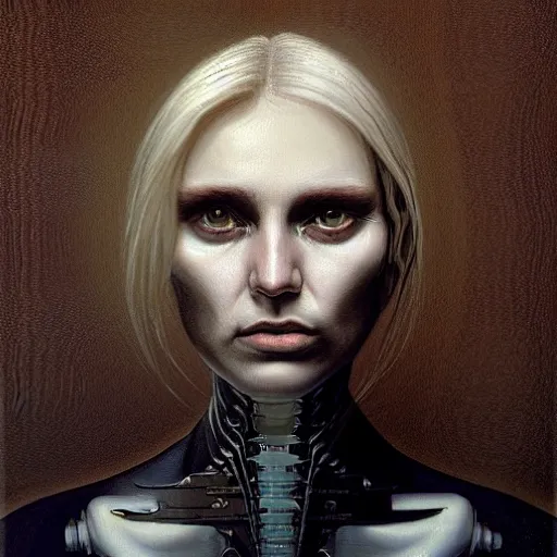 Image similar to surreal portrait of a woman by Greg Rutkowski and H.R Giger, symmetrical face, she is about 30 years old, she is about 30 years old, pretty, blond hair with two strans around her face, slavic features, melancholic gaze, pretty aquiline nose, transformed into a kind of biomechanical transhuman goddes, uncany but fascinating, sad but determined look, cosmic void background, frightening, fascinating, highly detailed portrait, digital painting, book cover, artstation, concept art, smooth, sharp foccus ilustration, Artstation HQ