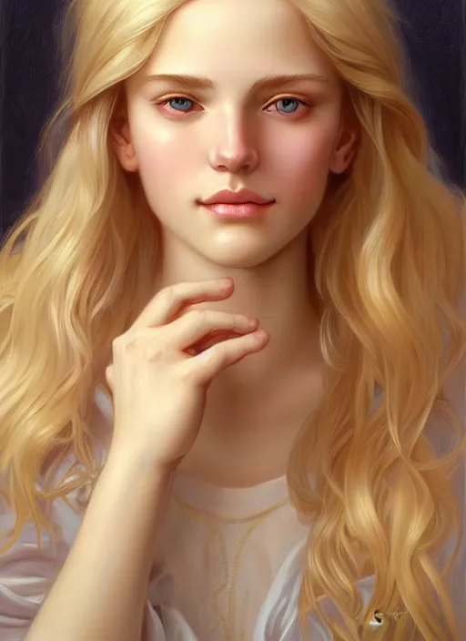 Prompt: beautiful feminine face! portrait of young woman blessed by god with ever - increasing physical mental perfection, blonde hair, symmetrical! intricate, elegant, highly detailed, holy perfection!! smile, plush lips, digital painting, artstation, concept art, smooth, sharp focus, illustration, art by artgerm and greg rutkowski and alphonse mucha