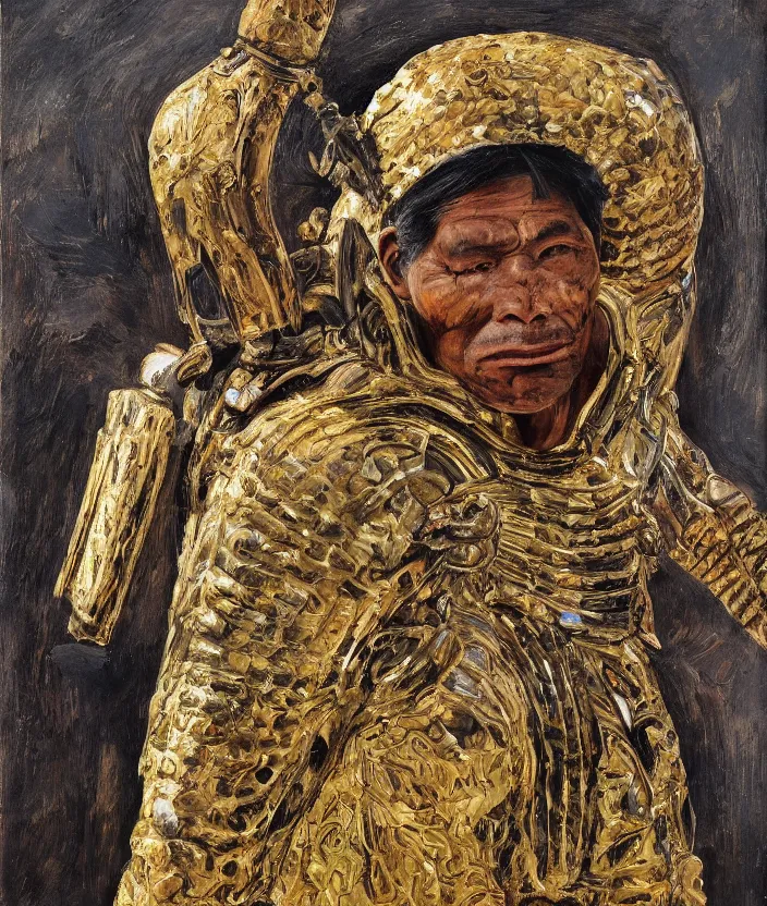 Image similar to indigenous man with a golden armour, painted by lucian freud, hd, super detailed, realistic, muted colors