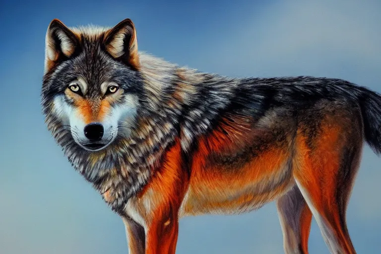 Prompt: wolf on the mountain, extremely detailed oil painting, sunset, orange gradient, 8k