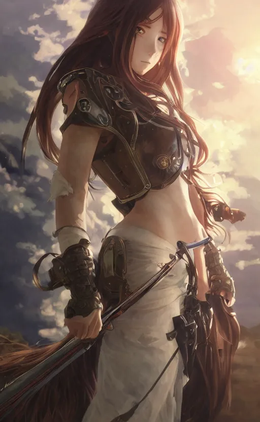Image similar to adventurer girl, anime style, long hair, hair down, symmetrical facial features, from arknights, hyper realistic, 4 k, rule of thirds, extreme detail, detailed drawing, pixiv fantasia, hd, heavy armor leather clothing, by alphonse mucha, greg rutkowski, sharp focus, backlit