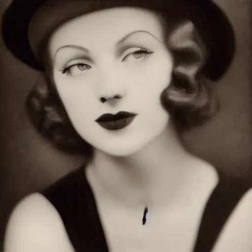 Prompt: a black and white photo of a woman wearing a hat, a character portrait by george hurrell, featured on flickr, mannerism, studio portrait, chiaroscuro, 1 9 2 0 s