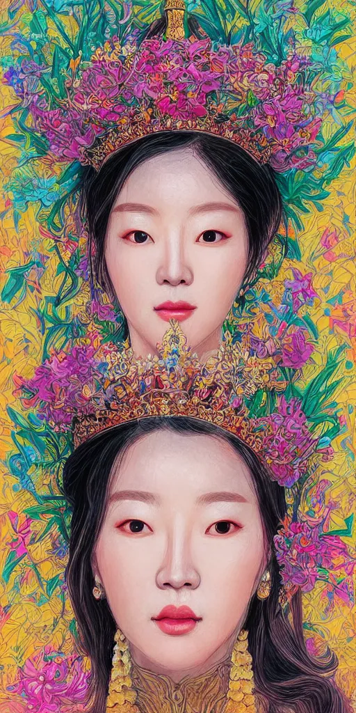 Prompt: highly detailed portrait of a korean queen, wearing a crown of flowers by roger dean and alena aenami
