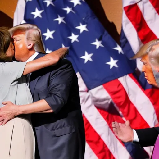 Image similar to donald trump kissing nancy pelosi with tongue, american flag behind