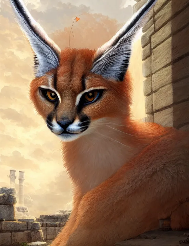 Prompt: cute fluffy caracal in a ancient greek city | | cute, key visual, realistic shaded perfect face, fine details by stanley artgerm lau, wlop, rossdraws, james jean, andrei riabovitchev, marc simonetti, and sakimichan, trending on artstation