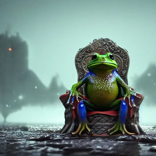 Image similar to a frog wizard sitting on a throne on an apocalyptic plagued swamp, trending artstation, octane render, 8k, cinematic lightning, matte painting,