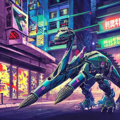 Prompt: hyper-detailed, intricate, full colour anime illustration of a mecha dinosaur standing at a ghetto street corner with graffiti in the background, night, city, dark, cyberpunk