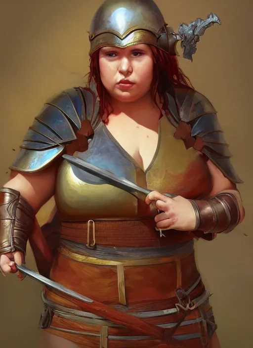 Image similar to hyper realistic photo of medieval chubby beautiful warrior girl, full body, rule of thirds, conceptart, saturated colors, brom, artstation, cgsociety