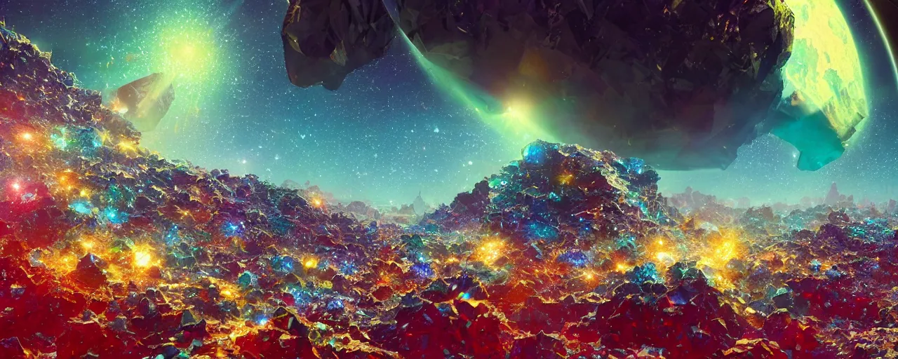 Image similar to asteroid made of shiny diamonds and crystals, [ shards, facets, by paul lehr, cinematic, detailed, epic, widescreen, opening, establishing, mattepainting, photorealistic, realistic textures, octane render ]