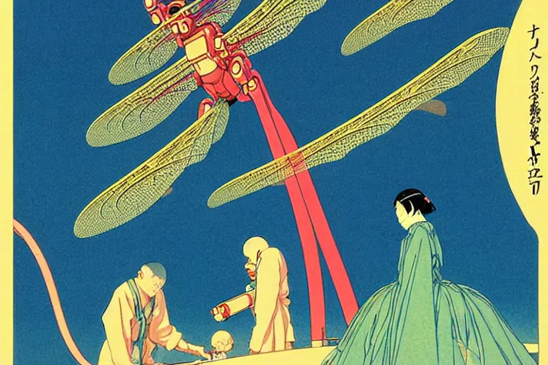 Image similar to gigantic dragonflies with human faces catch tiny robots, a lot of exotic mechas robots around, human heads everywhere, risograph by kawase hasui, edward hopper, satoshi kon and moebius, no text!, colorful flat surreal design, super - detailed, a lot of tiny details, fullshot