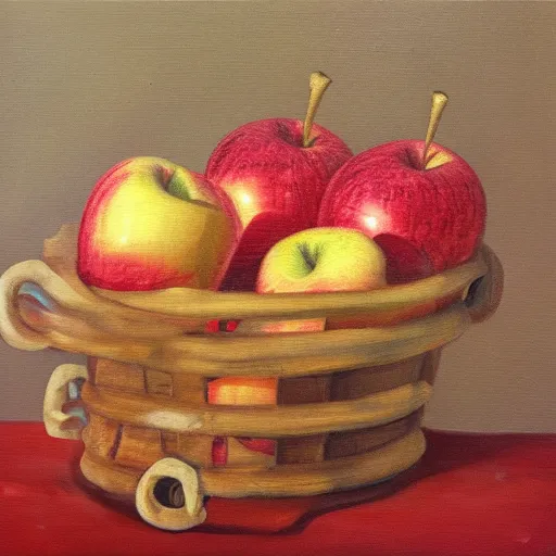 Prompt: apples with human mouths, smiling, oil painting