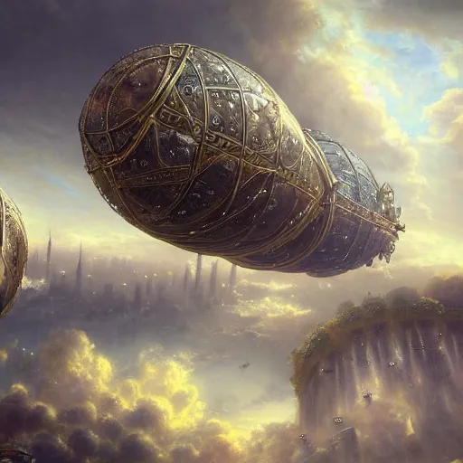 Prompt: enormous flying city in a faberge egg, sky, steampunk, fantasy art, masterpiece, hugh ferriss, unreal engine, andreas achenbach cloudy background, latticework